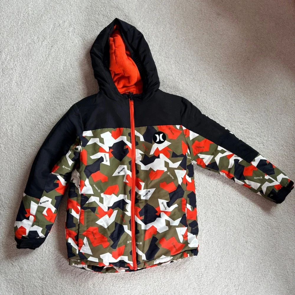 Hurley Puffer Jacket Camo Youth Hooded Boys Size M 10/12 Orange Green Black